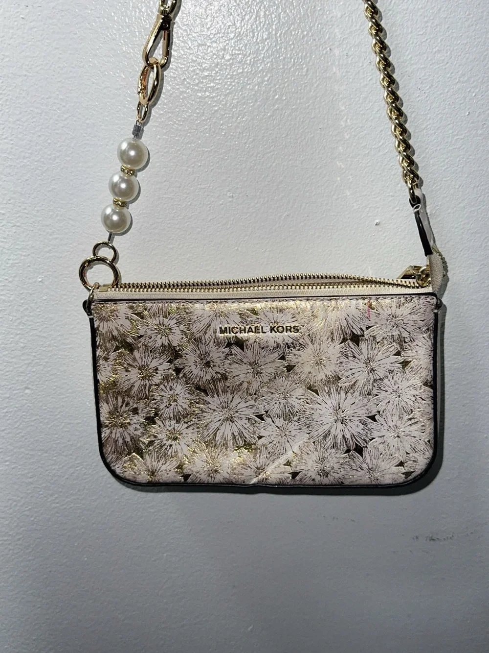 MICHAEL KORS Floral Medium Shimmering Chain Pochette Shoulder Bag - Cream/Gold